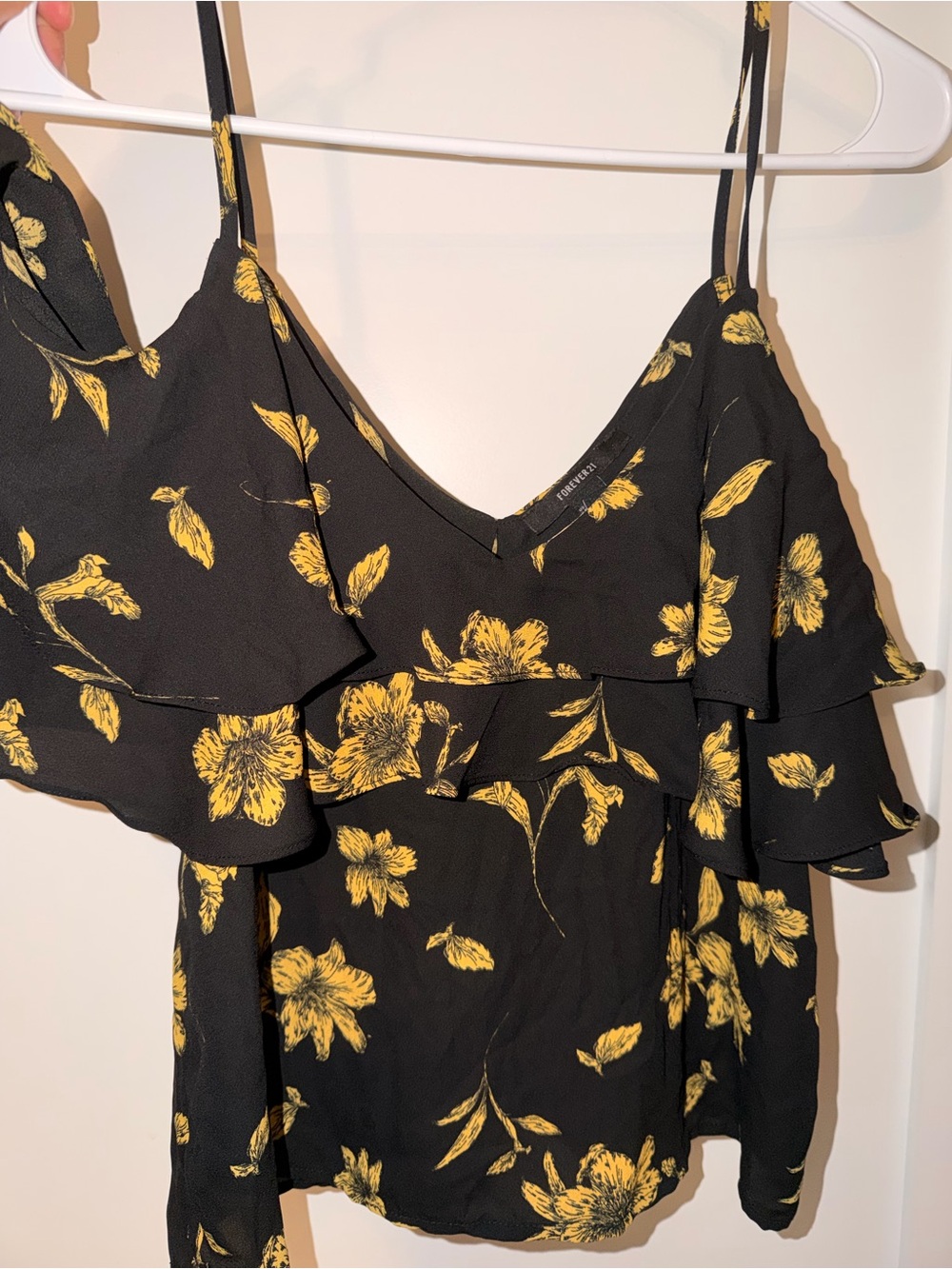 Forever 21 Black Floral Ruffle Cami with Yellow Print